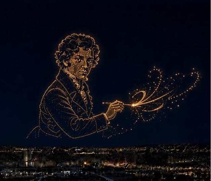Cartel de Espectáculo de drones: “150 años de Fundación Ibercaja. El Museo Goya ilumina el cielo”