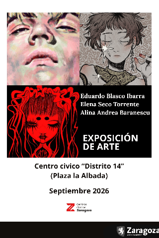 Cartel de Exposición de arte. Eduardo Blasco, Elena Seco y Alina Andrea Baranescu.