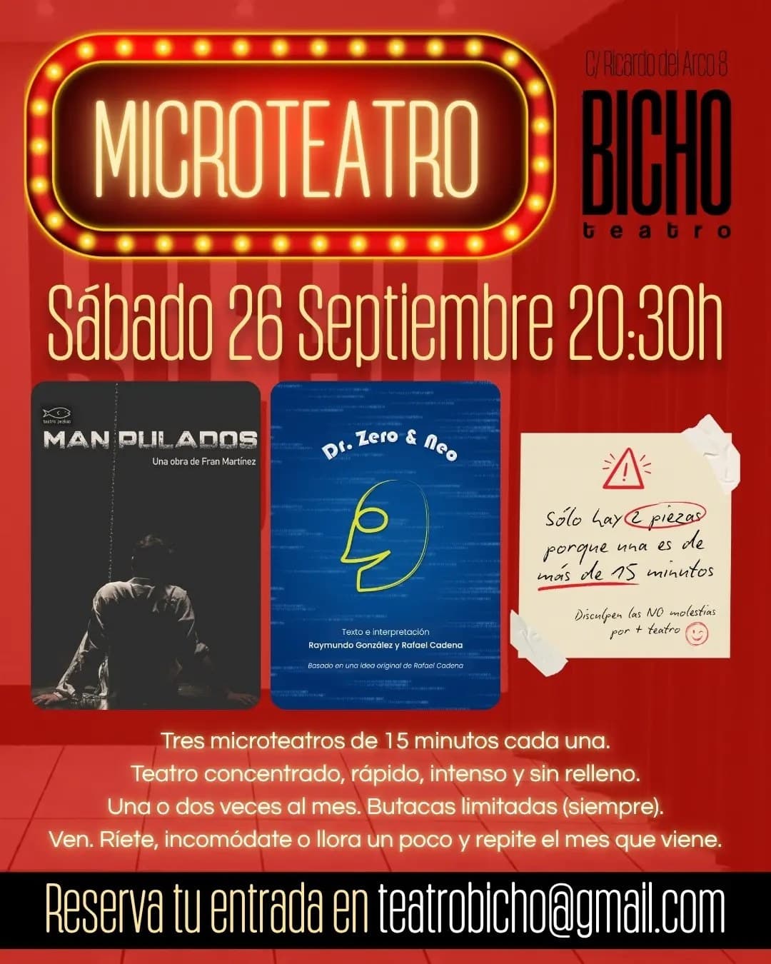 Cartel de Microteatro en Teatro Bicho: «Dr. Zero & Neo» y «Manipulado»