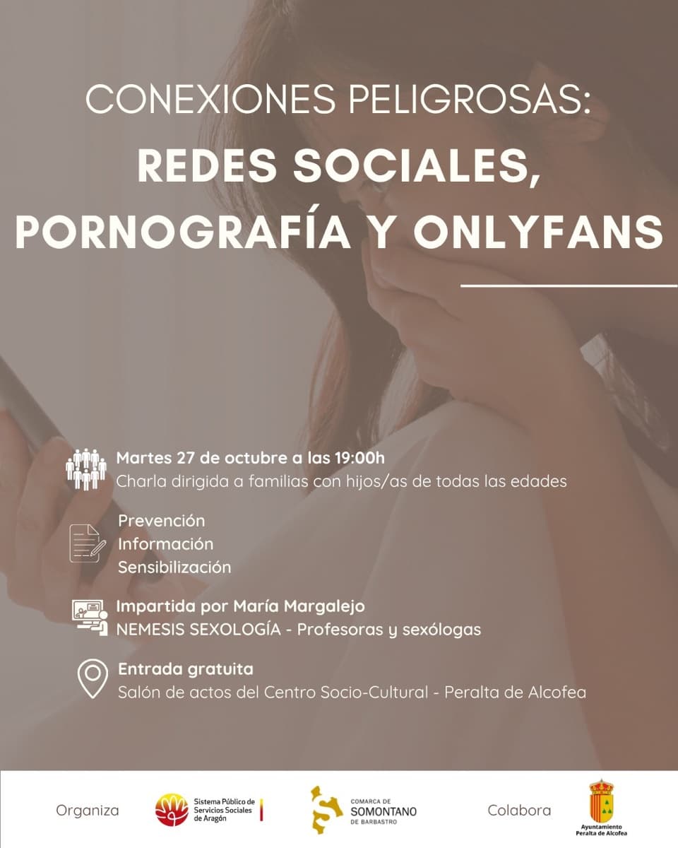 Cartel de «Conexiones peligrosas: redes sociales, pornografía y OnlyFans», charla para familias en Peralta de Alcofea