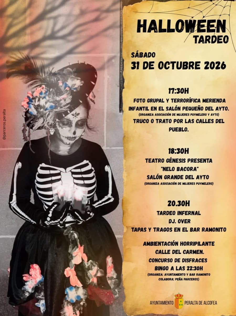 Cartel de Tardeo infernal de Halloween con DJ Over en Peralta de Alcofea
