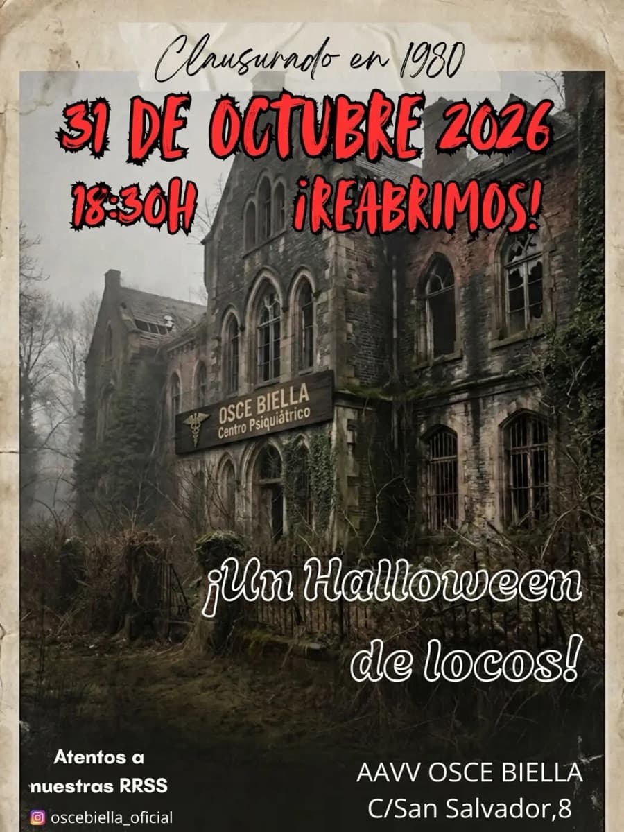 Cartel de «¡Un Halloween de locos!» en la Asociación de Vecinos Osce Biella