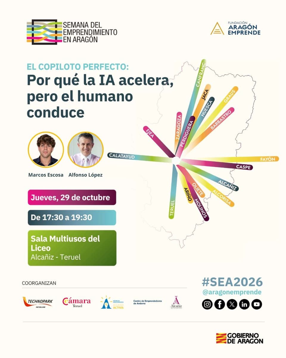 Cartel de «El copiloto perfecto: por qué la IA acelera, pero el humano conduce», jornada en Alcañiz