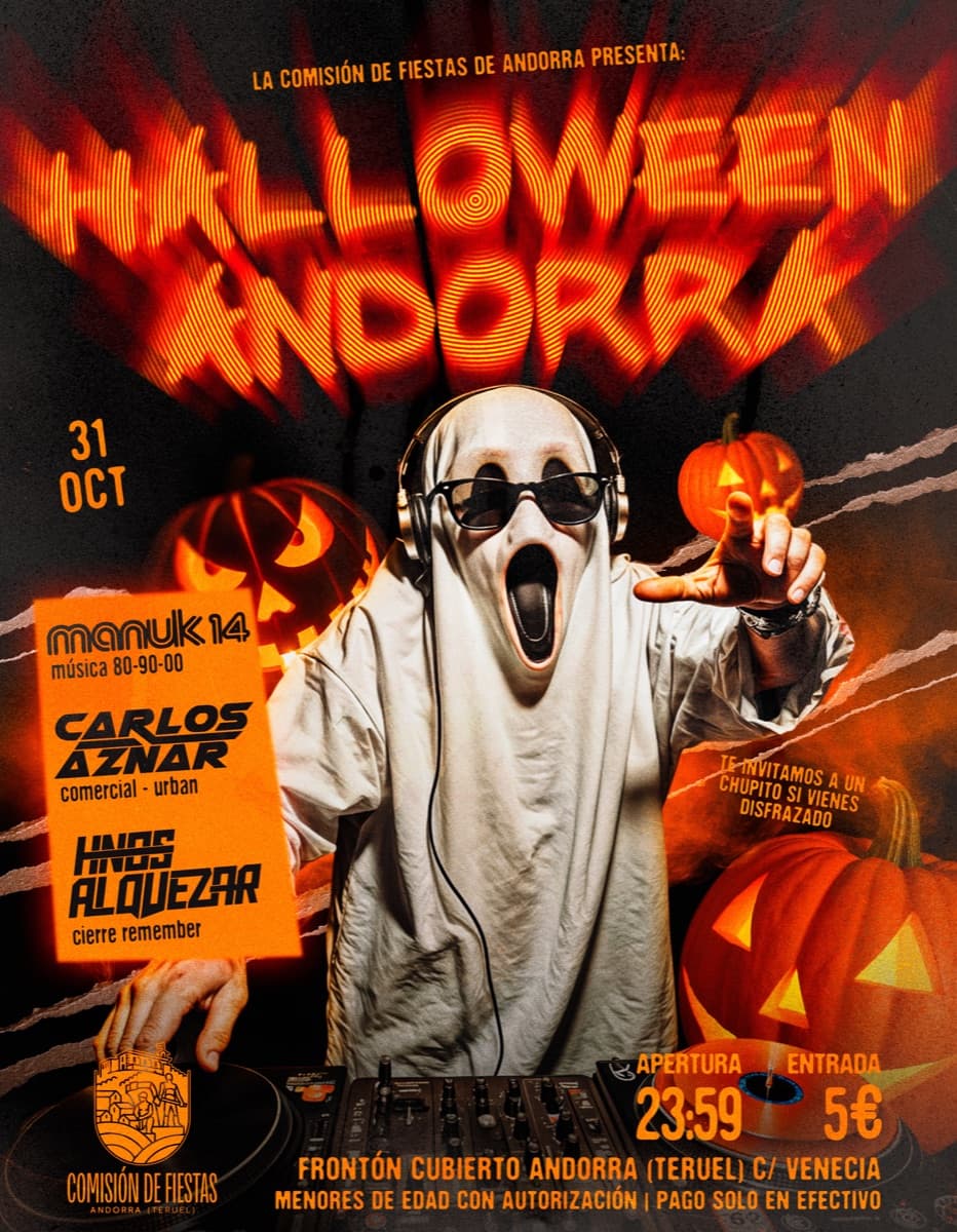 Cartel de Halloween Andorra 2026 en el Frontón Cubierto, con Manuk14, Carlos Aznar y Hnos. Alquézar