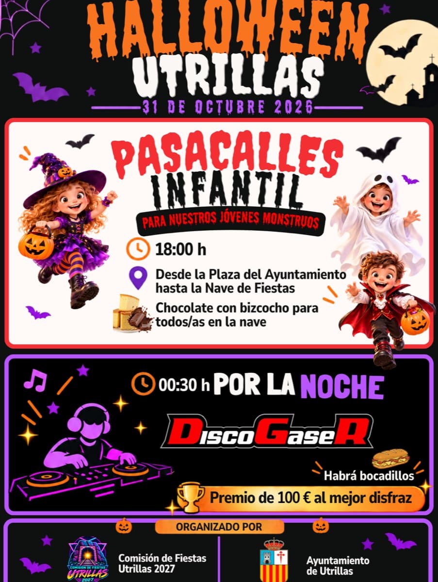 Cartel de Halloween en Utrillas: pasacalles infantil y verbena con DiscoGaseR