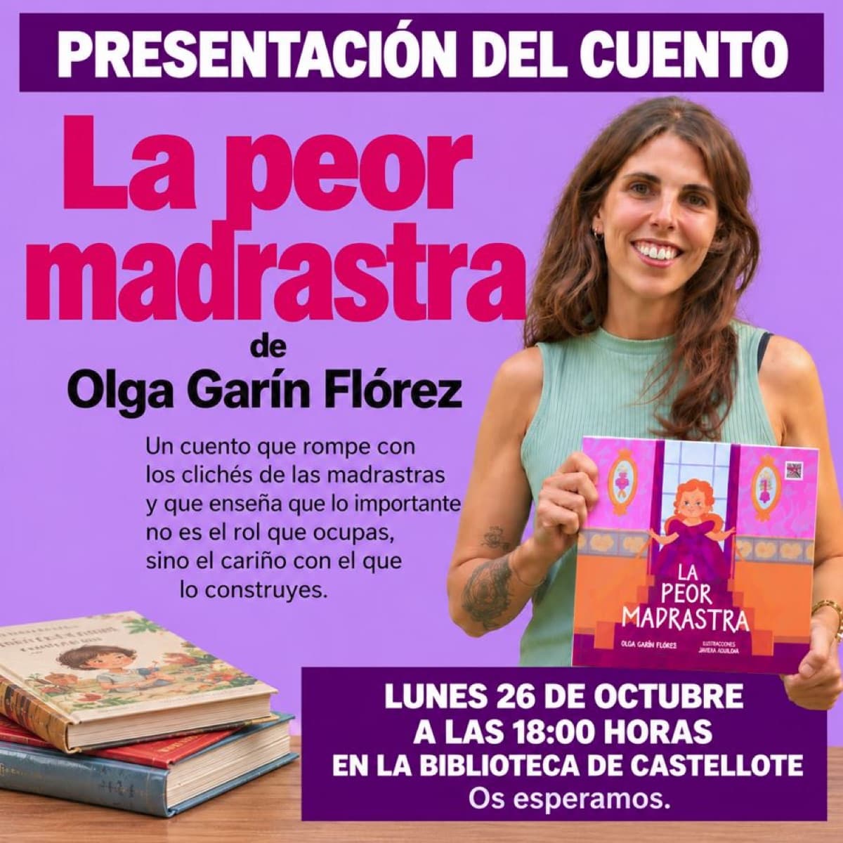 Cartel de Cuentacuentos y presentación de «La peor madrastra», de Olga Garín, en Castellote