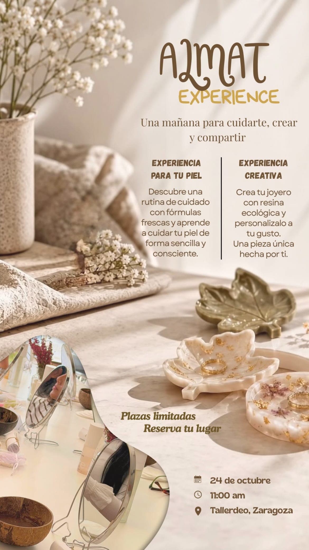 Cartel de ALMAT Experience: cuidado de la piel y joyero de resina en Tallerdeo