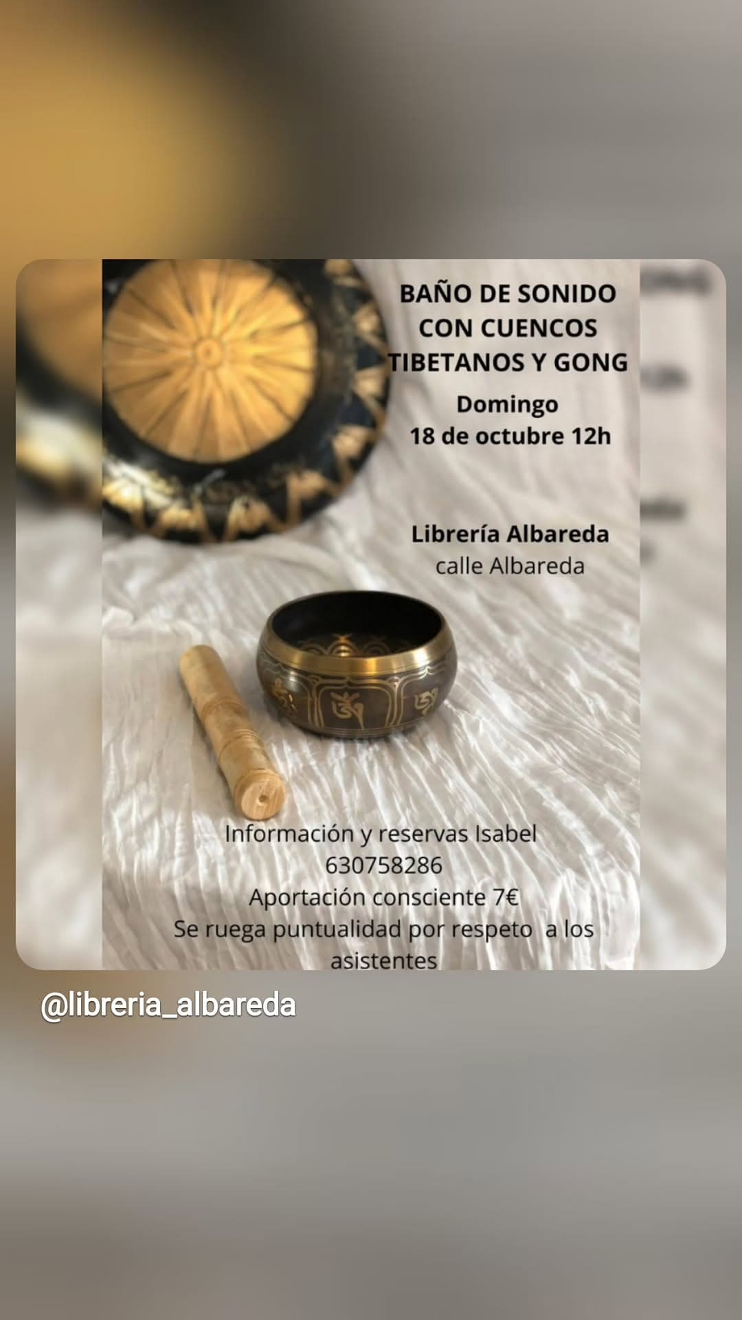 Cartel de Baño de sonido con cuencos tibetanos y gong en Librería Albareda