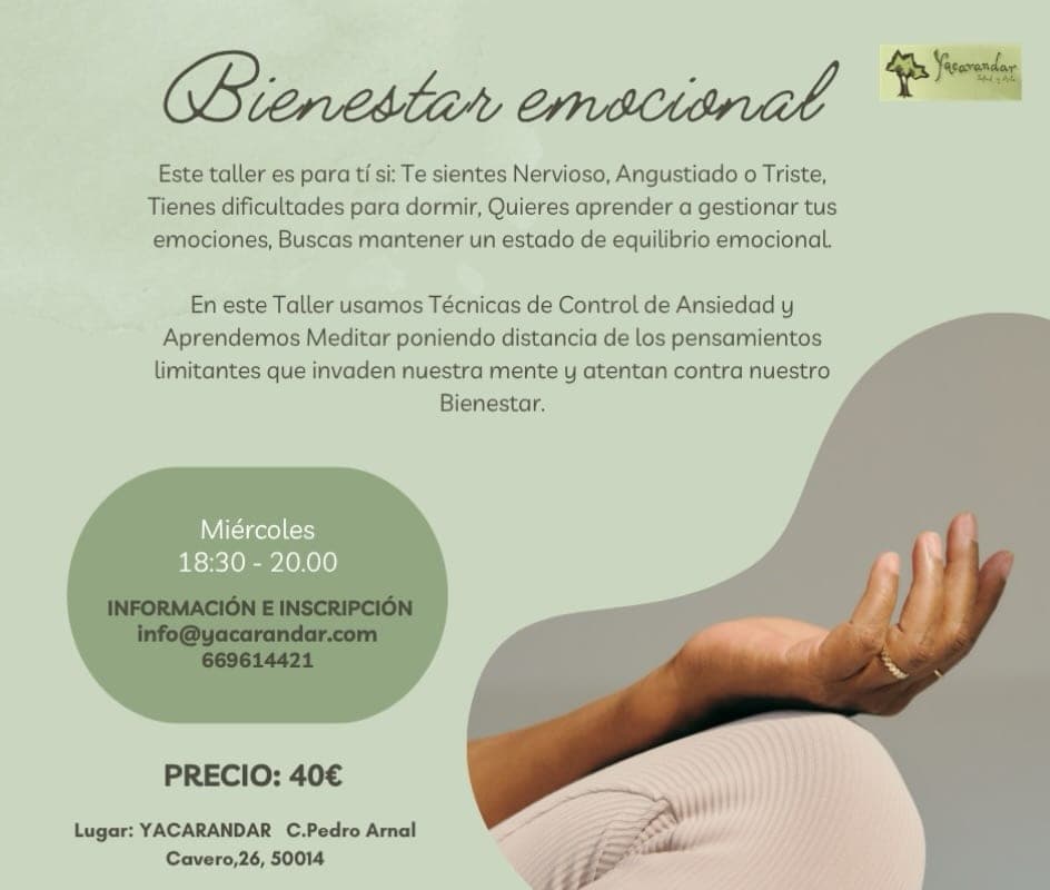 Cartel de Bienestar emocional: taller de control de la ansiedad y meditación en Yacarandar