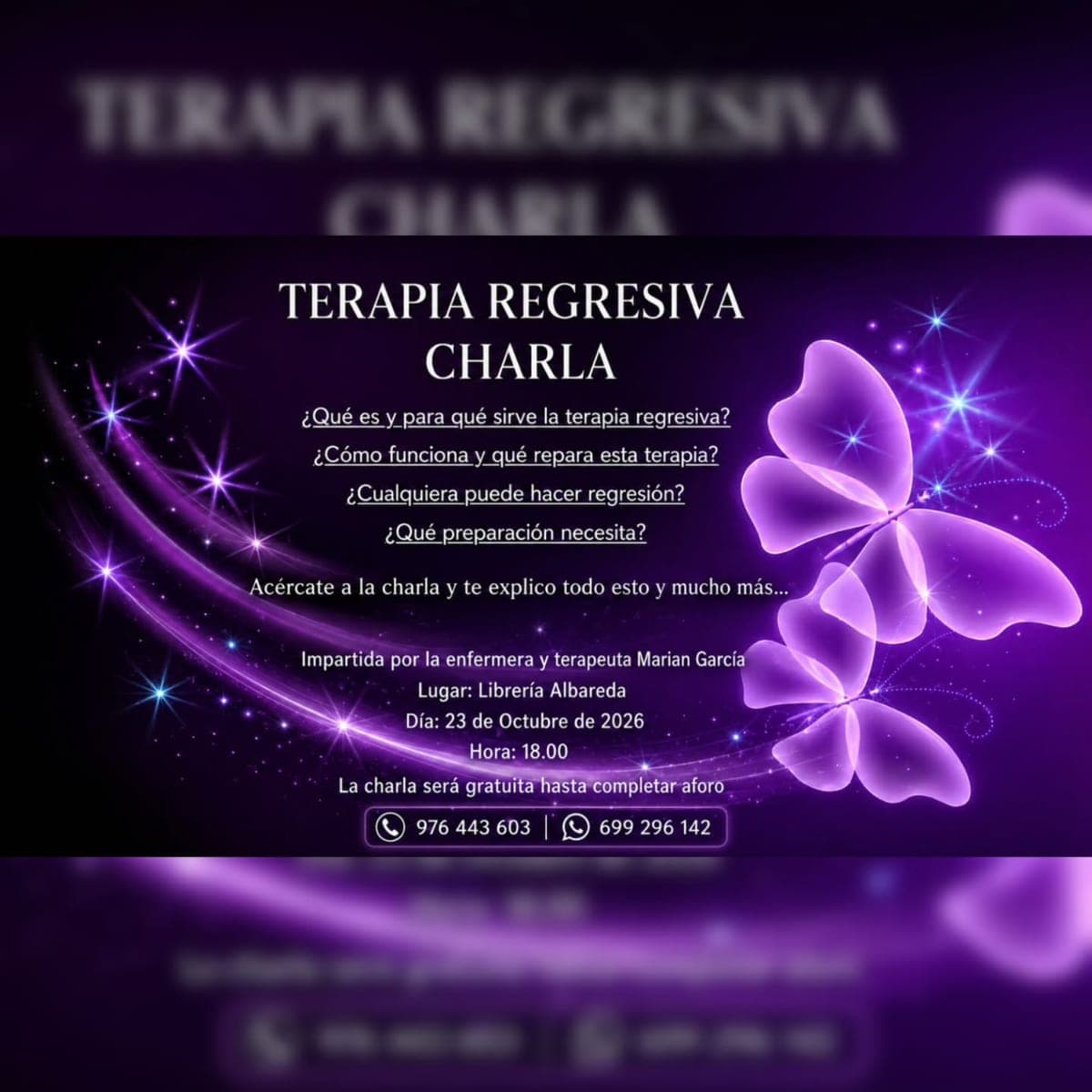 Cartel de Charla sobre terapia regresiva, con Marian García