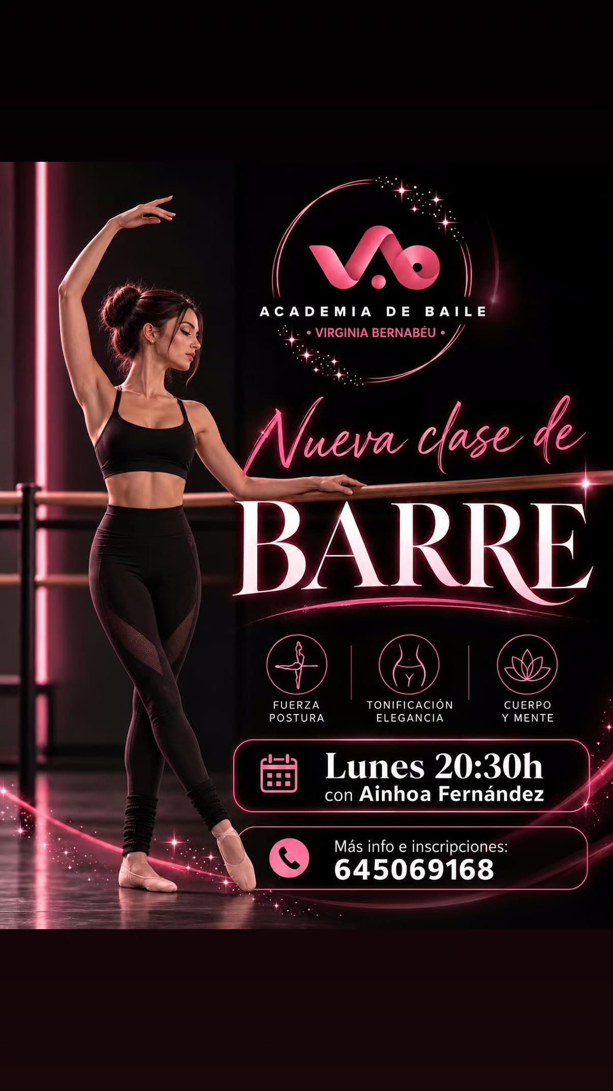 Cartel de Clase de Barre con Ainhoa Fernández en la Academia Virginia Bernabéu