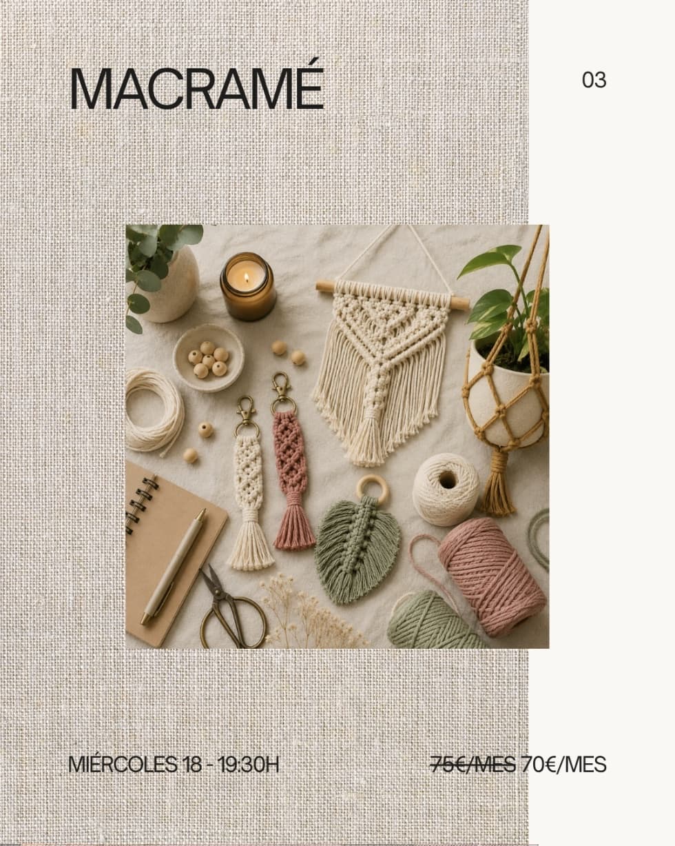 Cartel de Clases semanales de macramé en Six Art