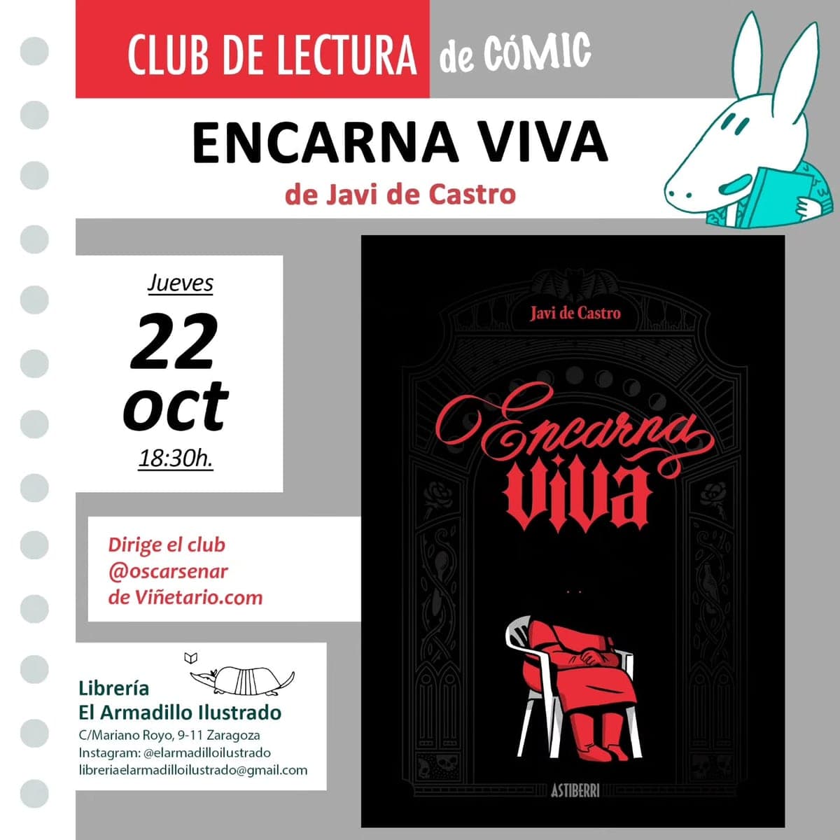 Cartel de Club de lectura de cómic en El Armadillo Ilustrado: «Encarna viva», de Javi de Castro