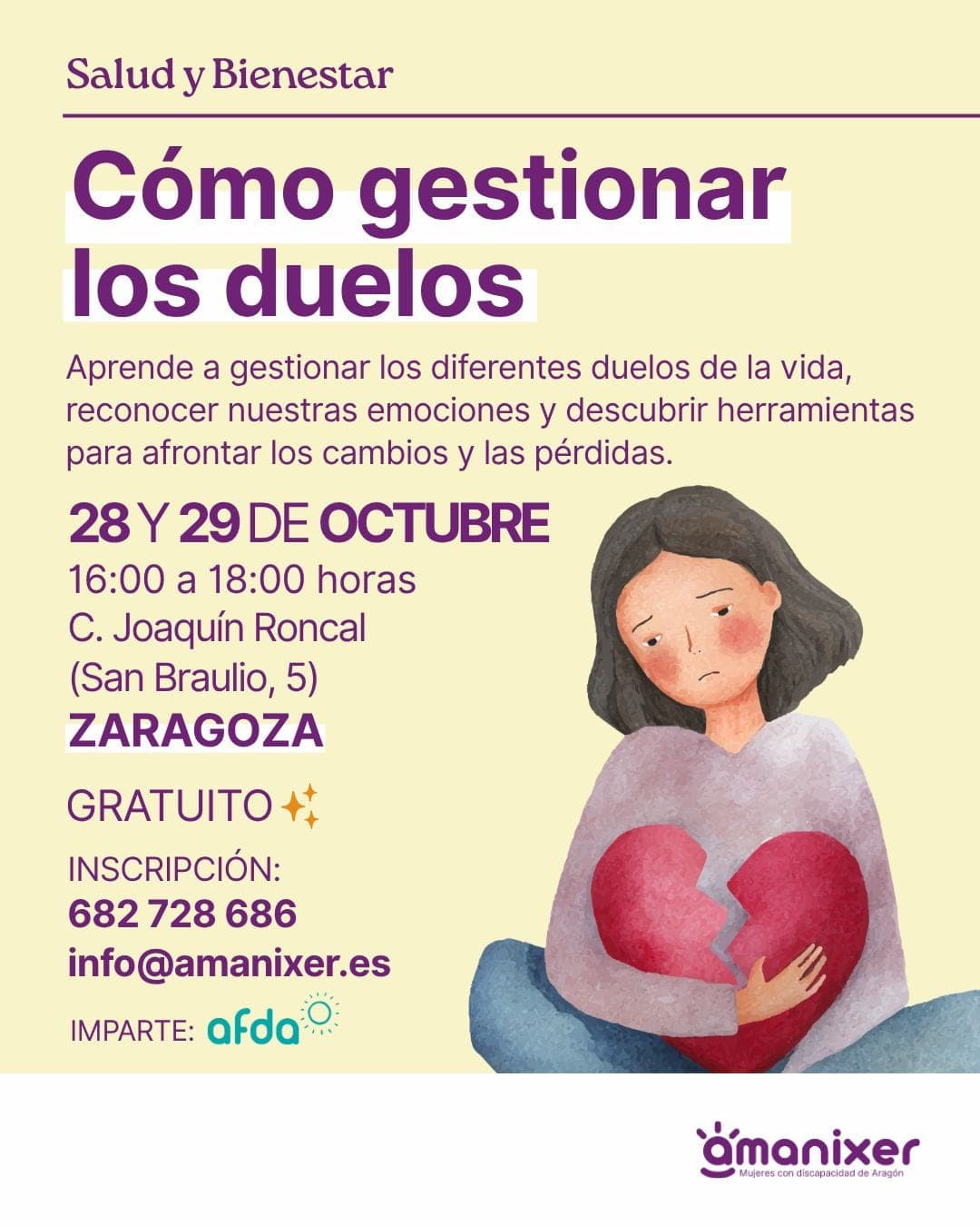 Cartel de Cómo gestionar los duelos: taller de Amanixer para mujeres con y sin discapacidad