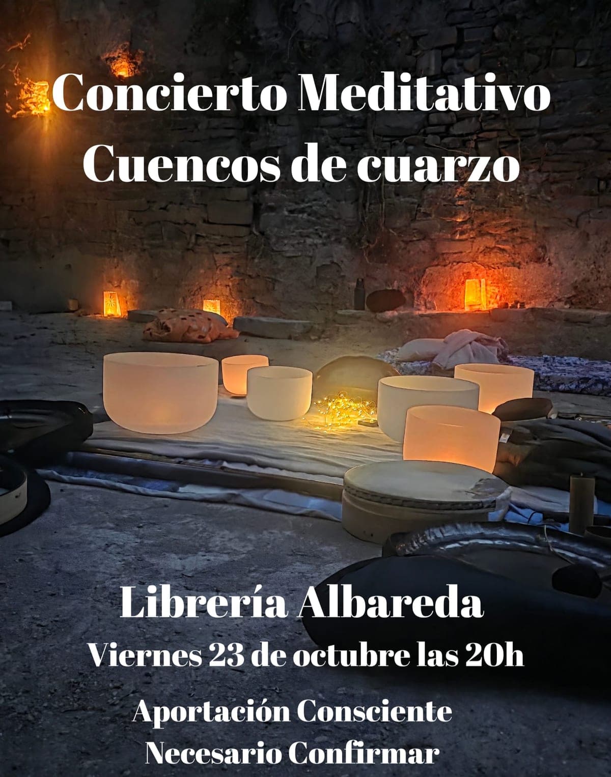 Cartel de Concierto meditativo con cuencos de cuarzo en Librería Albareda