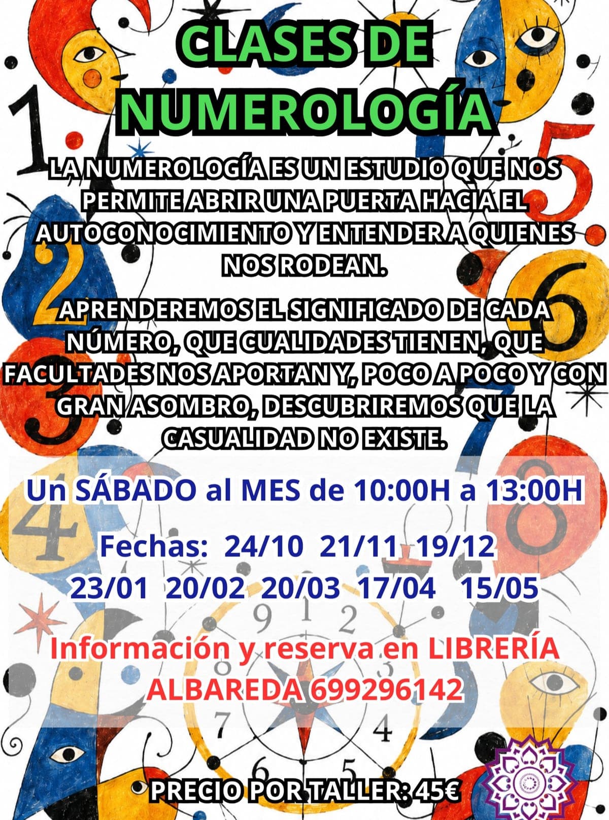 Cartel de Curso continuado de numerología en Librería Albareda