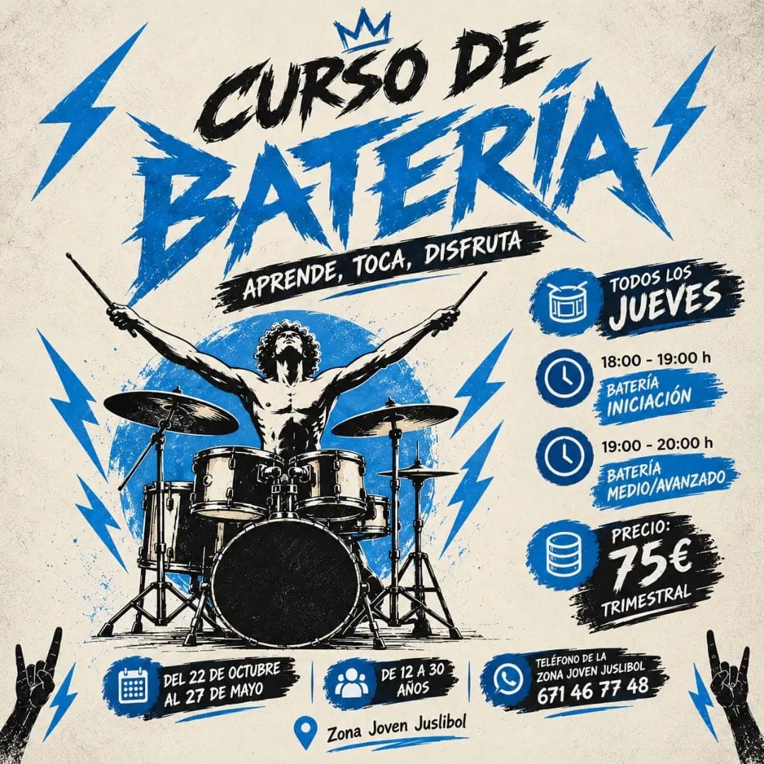 Cartel de Curso de batería (medio/avanzado) en la Zona Joven Juslibol