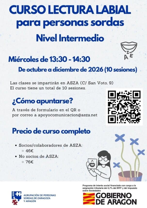Cartel de Curso de lectura labial para personas sordas, nivel intermedio, en ASZA
