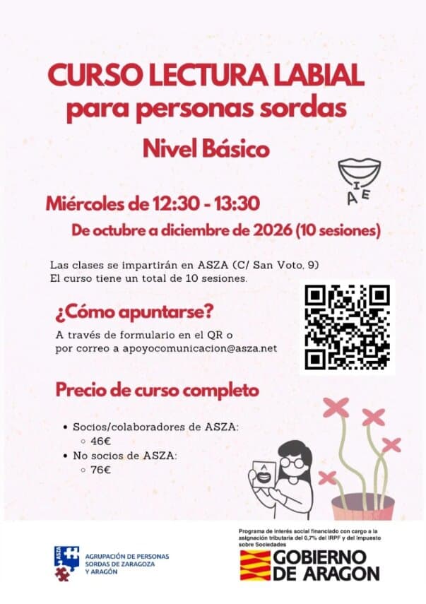 Cartel de Curso de lectura labial para personas sordas, nivel básico, en ASZA