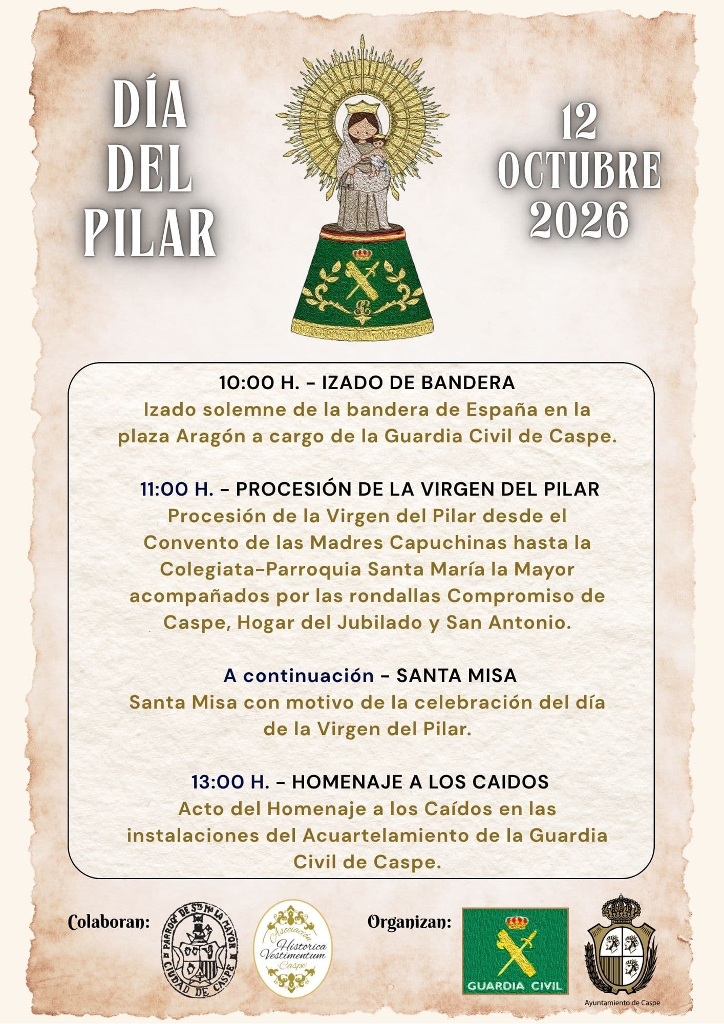 Cartel de Día del Pilar en Caspe: procesión con rondallas e indumentaria tradicional