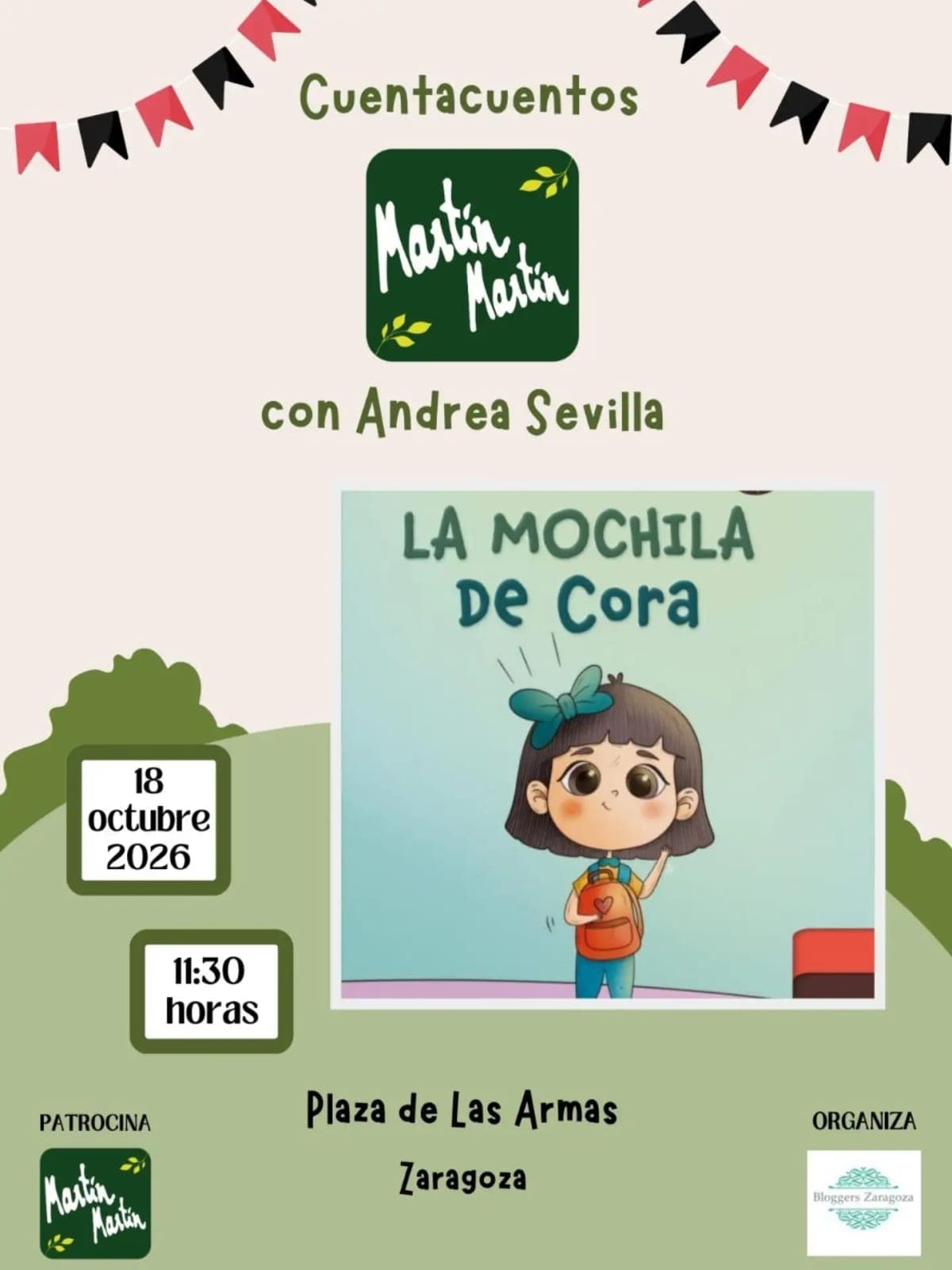 Cartel de El Pilar en Las Armas: cuentacuentos «La mochila de Cora» con Andrea Sevilla