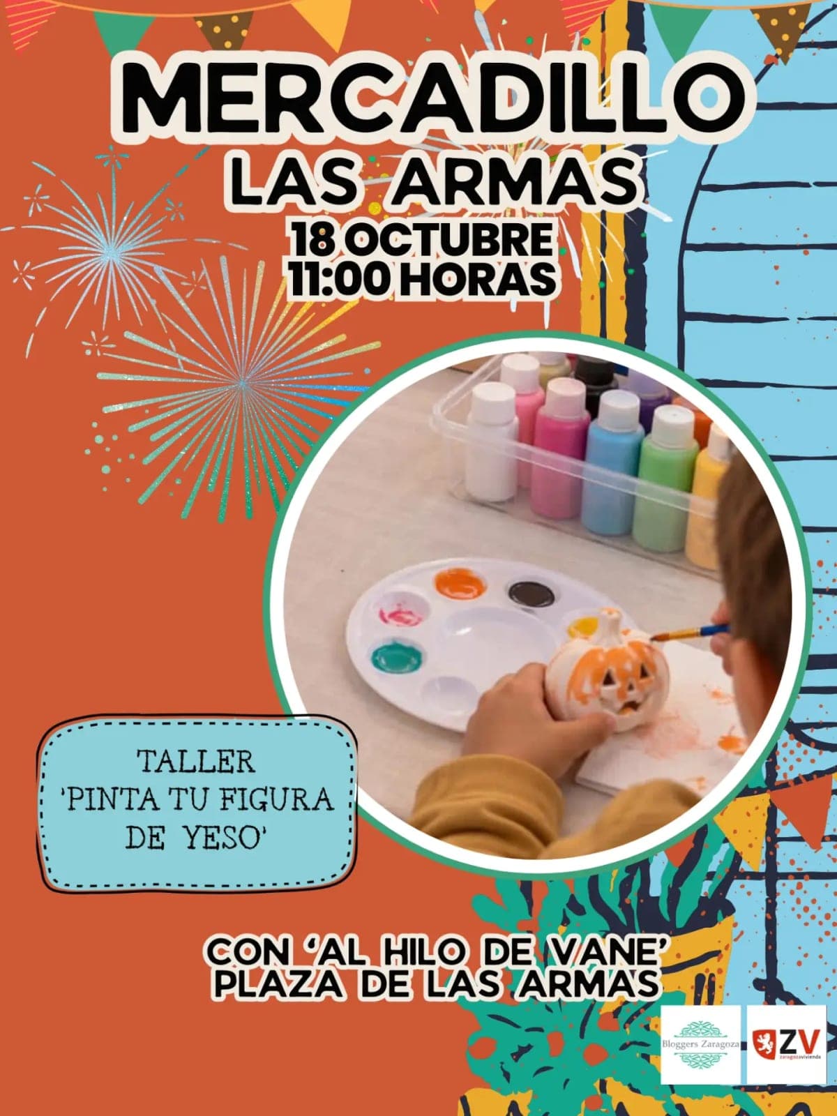 Cartel de El Pilar en Las Armas: taller «Pinta tu figura de yeso» con Al Hilo de Vane