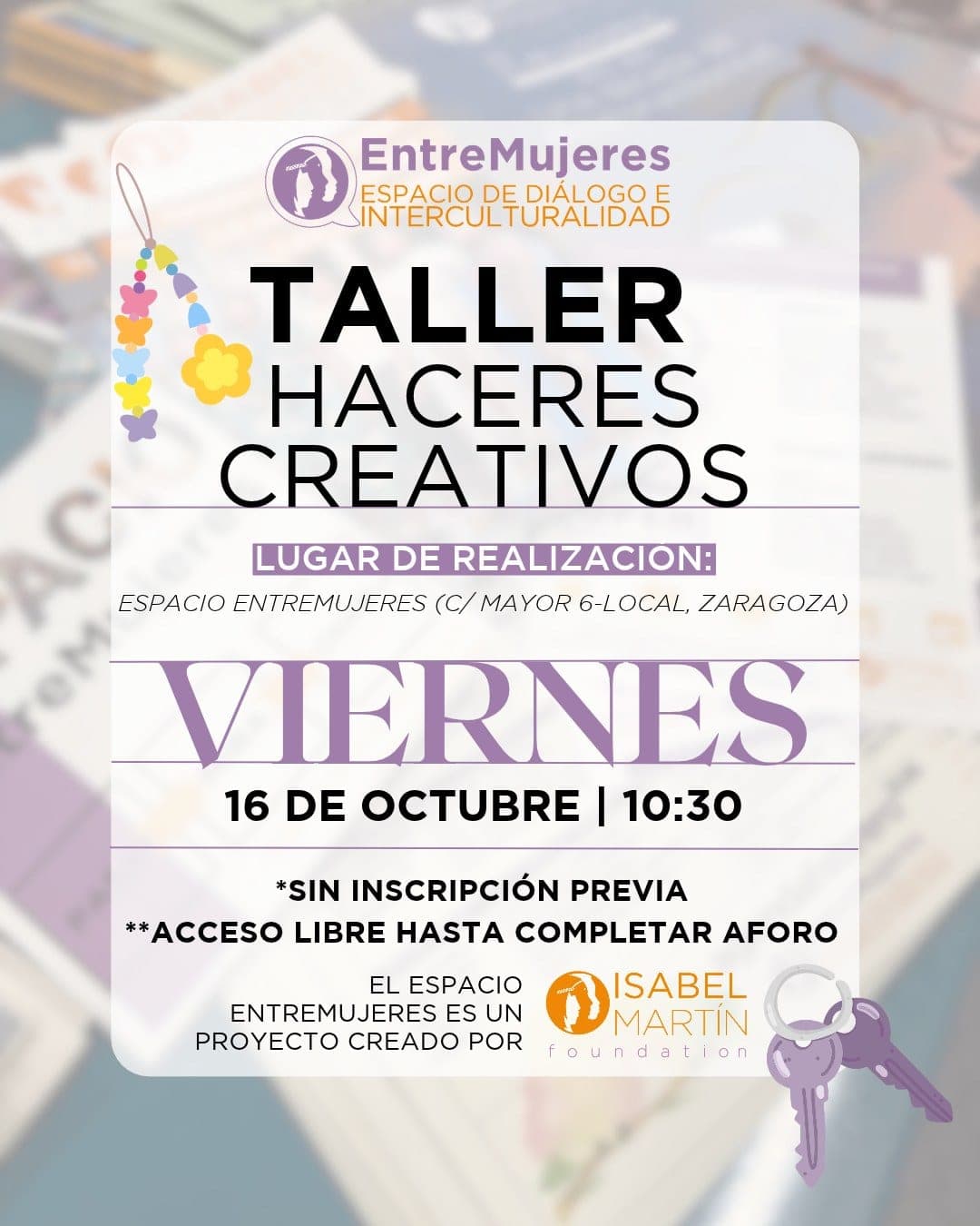 Cartel de Haceres creativos: taller de llaveros en EntreMujeres