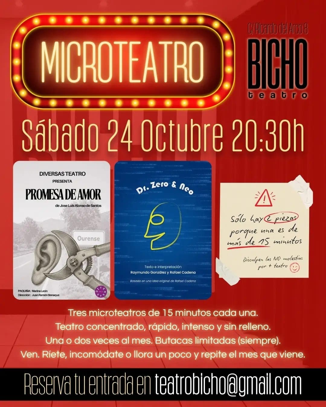 Cartel de Microteatro en Teatro Bicho: «Promesa de amor» y «Dr. Zero & Neo»