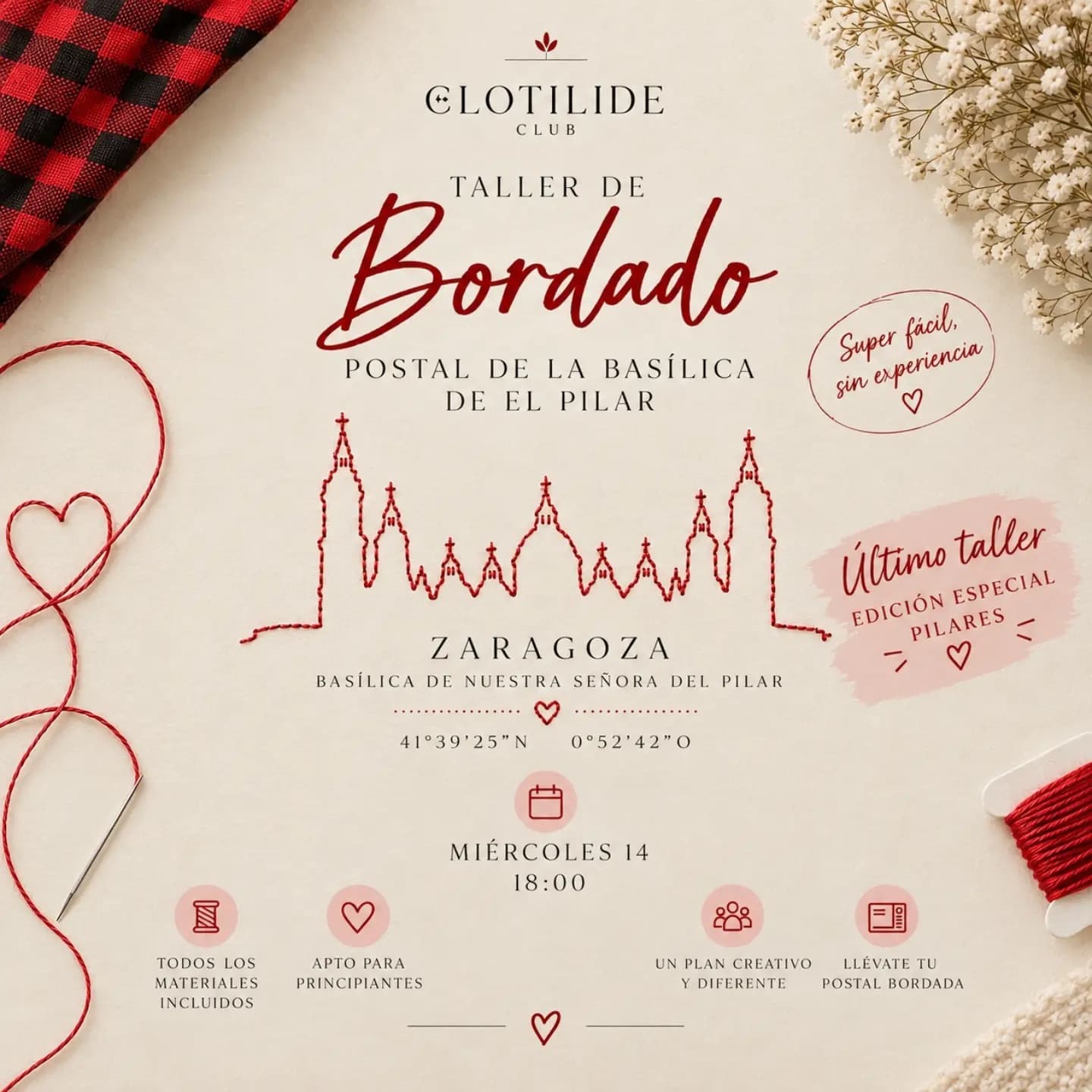 Cartel de Postal bordada de la Basílica del Pilar: taller de bordado con Clotilde Club