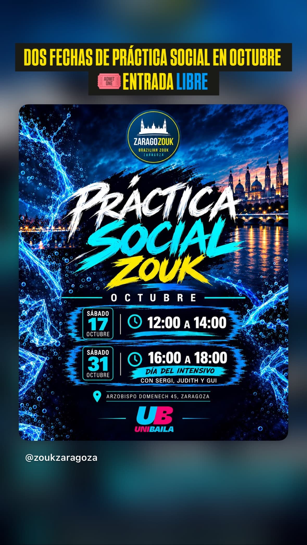 Cartel de Práctica social de zouk en Unibaila