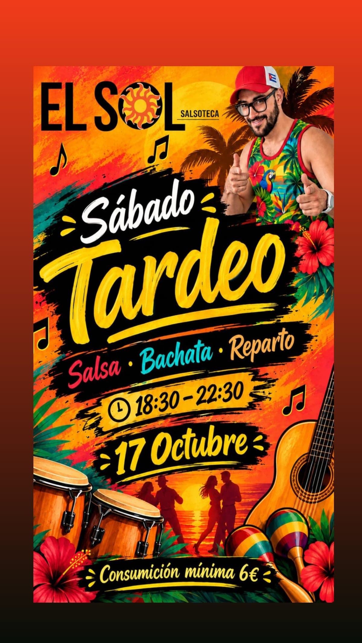 Cartel de Sábado tardeo de salsa, bachata y reparto en la Salsoteca El Sol