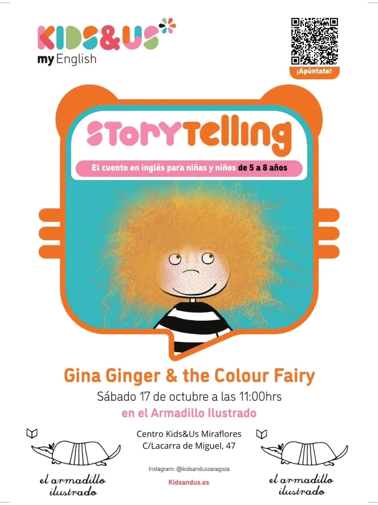 Cartel de Storytime en inglés con Kids&Us en El Armadillo Ilustrado