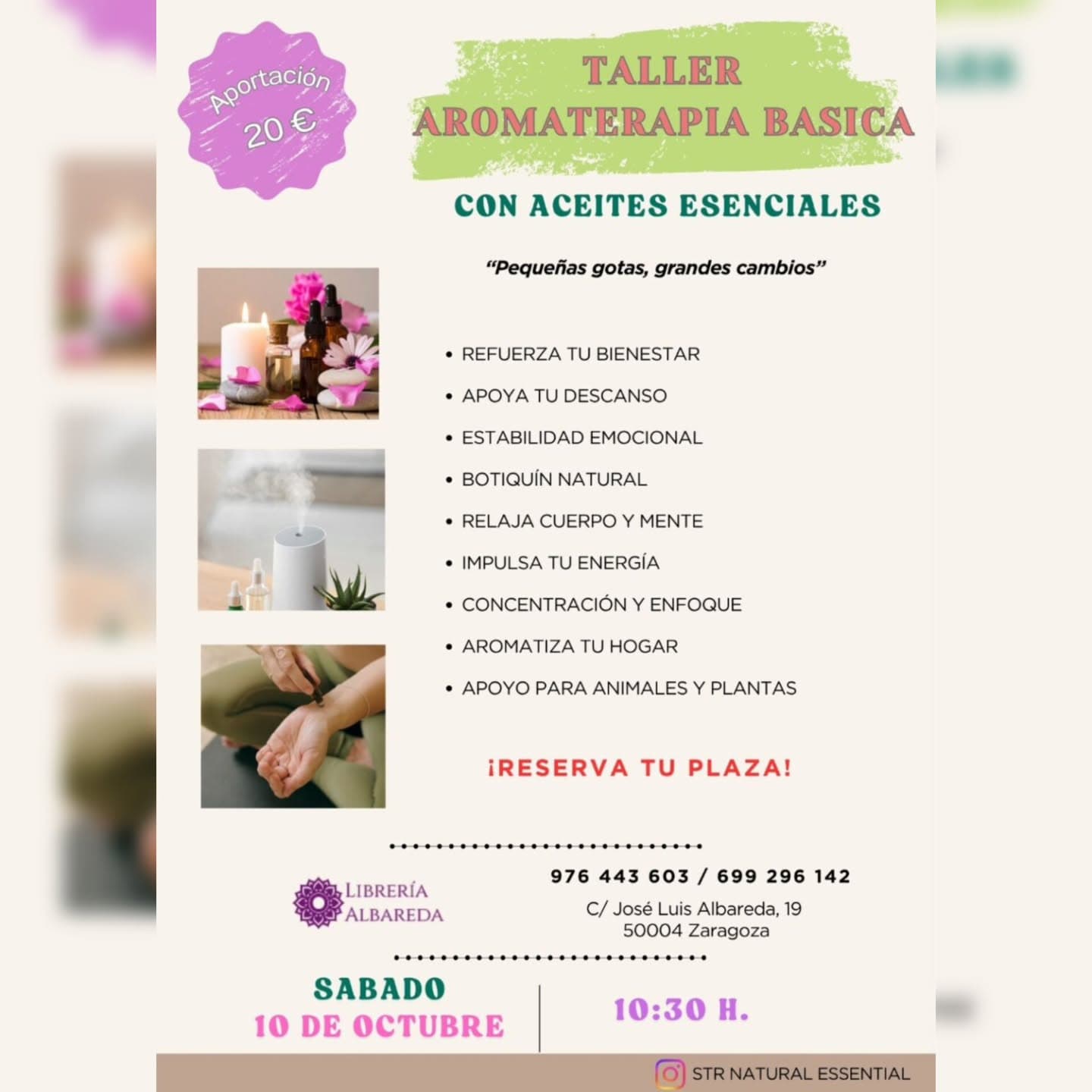 Cartel de Taller de aromaterapia básica con aceites esenciales