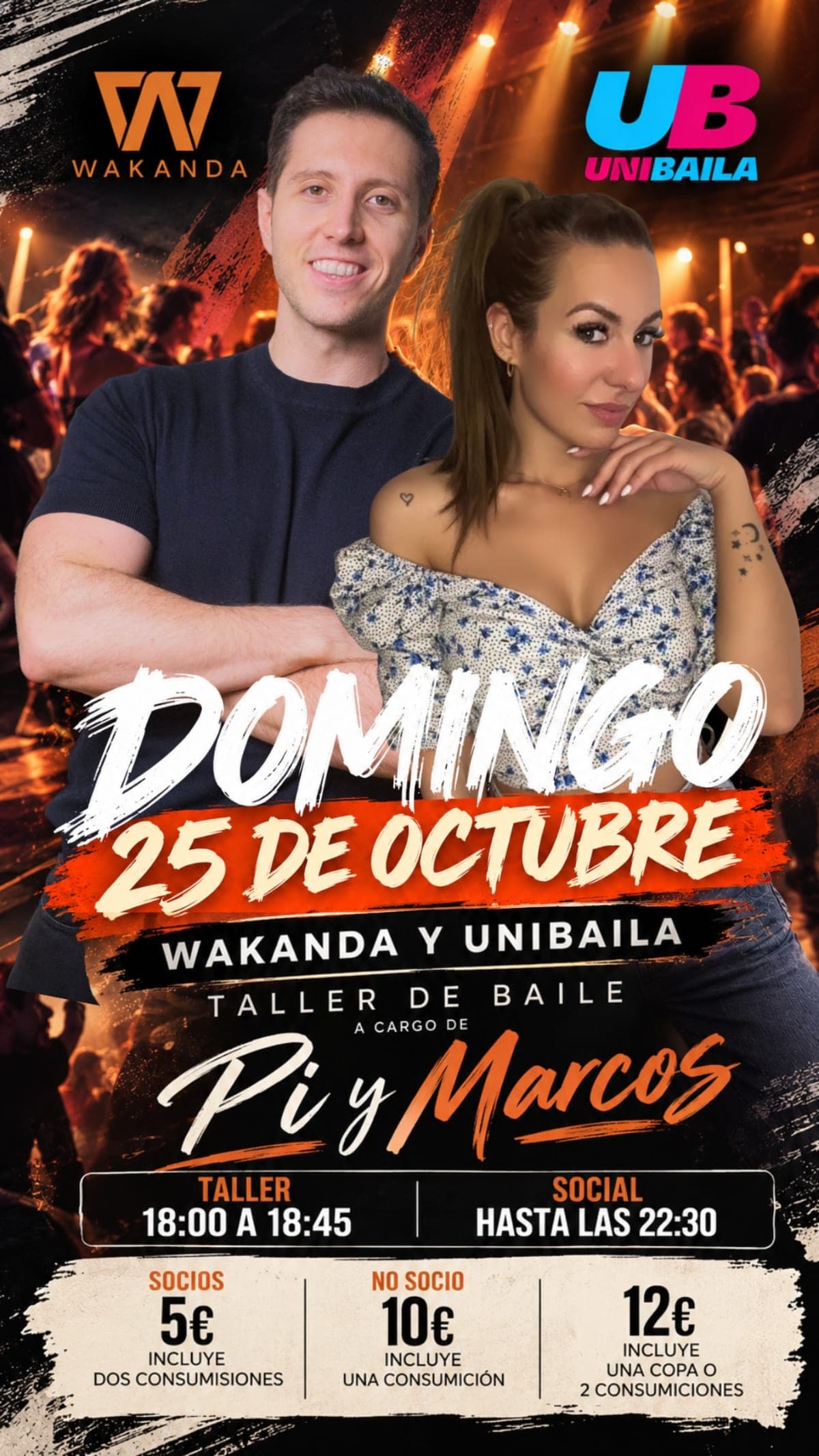 Cartel de Taller de baile con Pi y Marcos y social en Wakanda