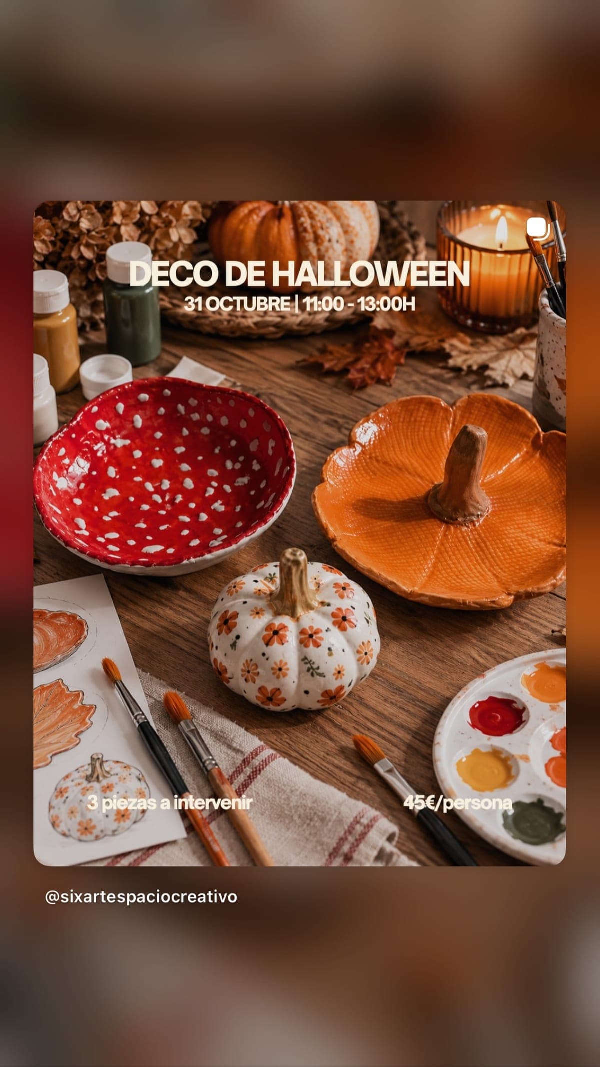 Cartel de Taller de Halloween en Six Art: decora bandejitas de cerámica y una minicalabaza