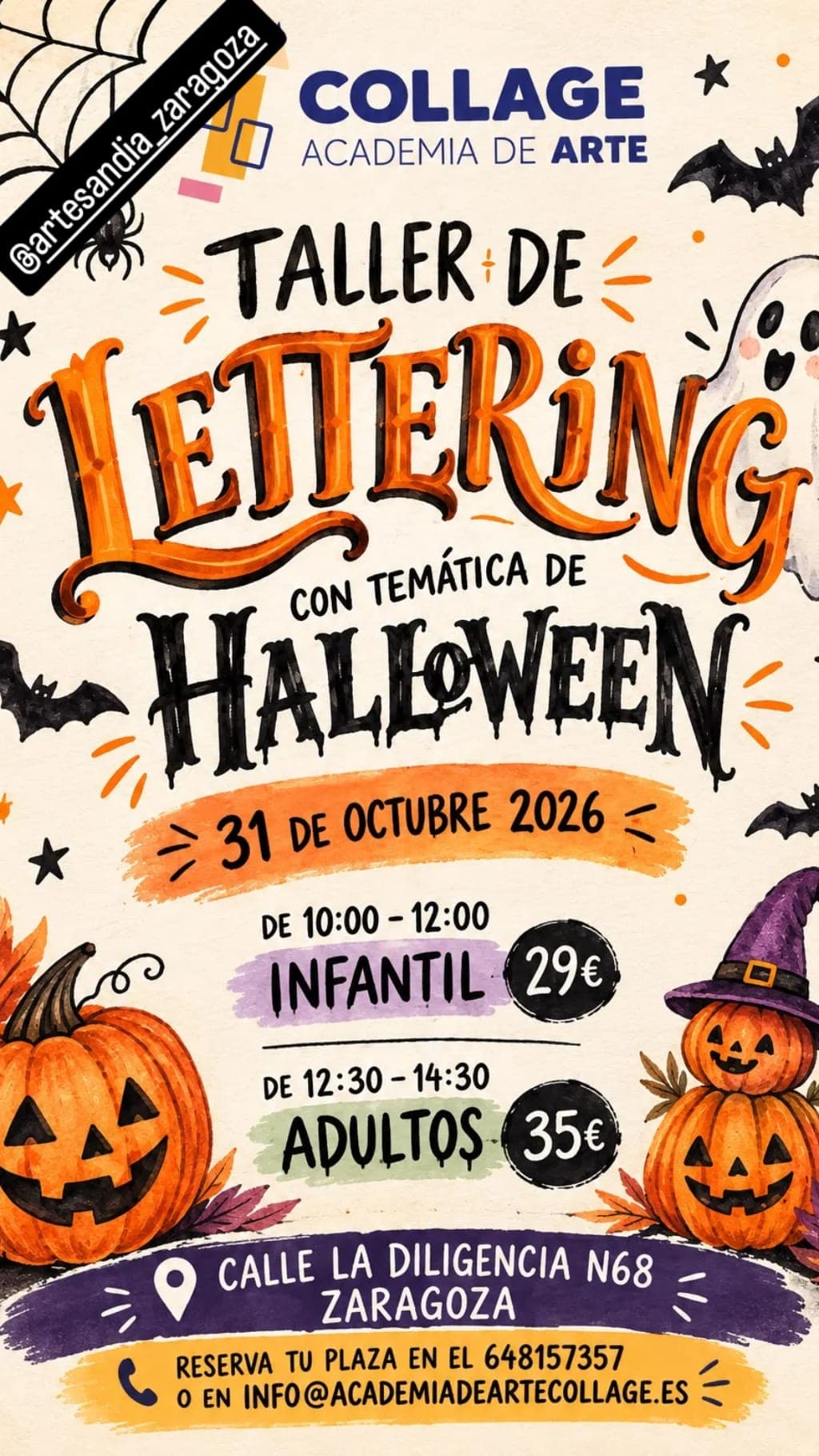 Cartel de Taller de lettering de Halloween (infantil) en la Academia de Arte Collage