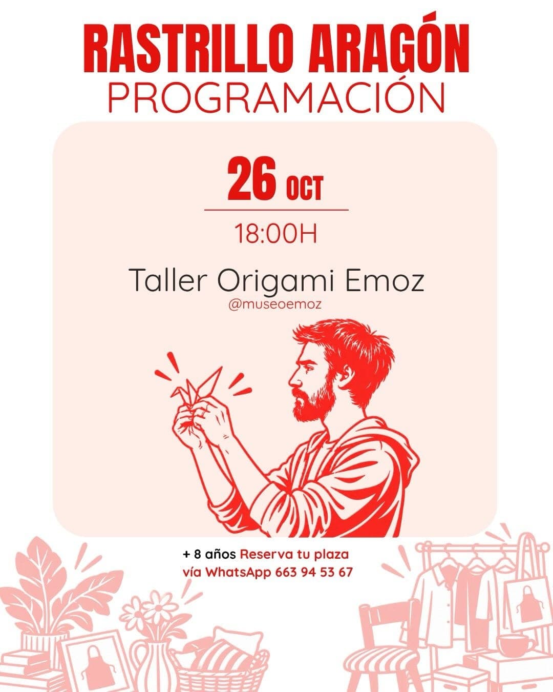 Cartel de Taller de origami con EMOZ en el Rastrillo Aragón