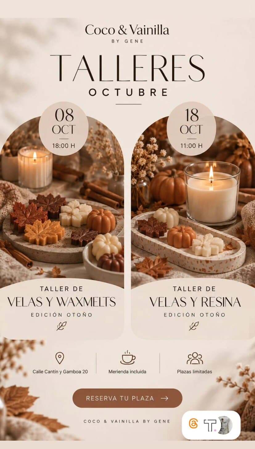 Cartel de Taller de velas y resina de otoño con Coco & Vainilla en Tallerdeo