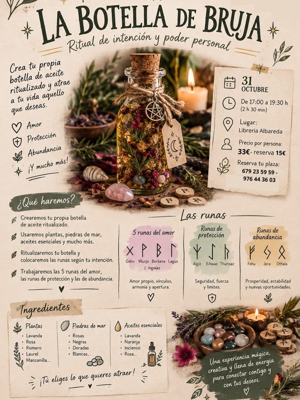Cartel de Taller «La botella de bruja» con Magia de Ohana en Librería Albareda