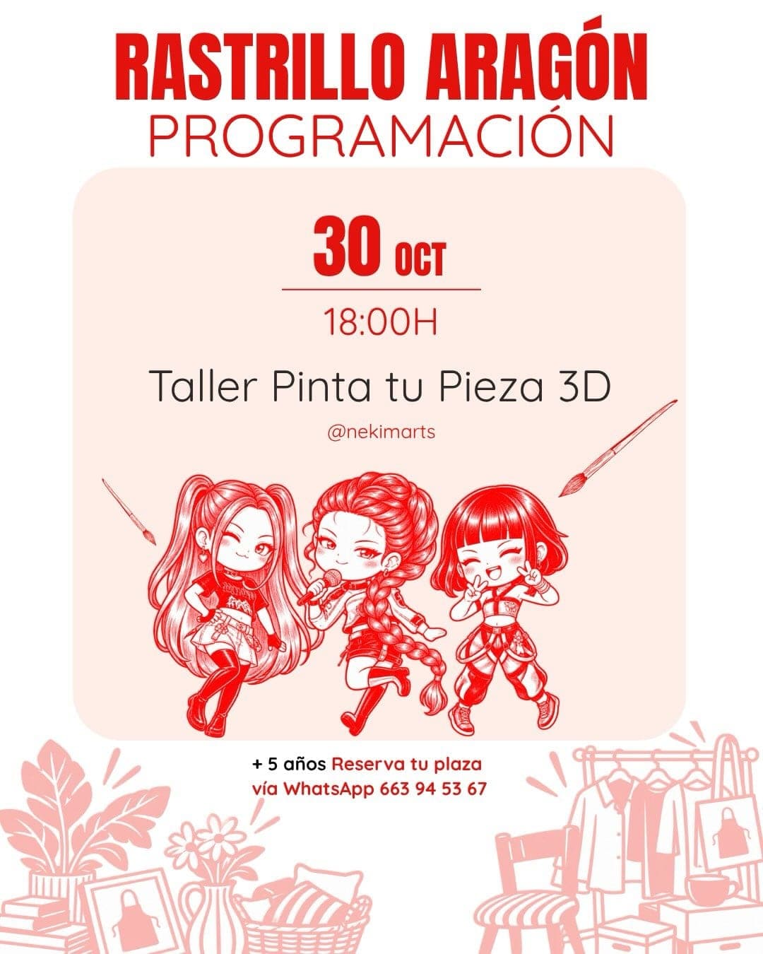 Cartel de Taller «Pinta tu pieza en 3D» en el Rastrillo Aragón