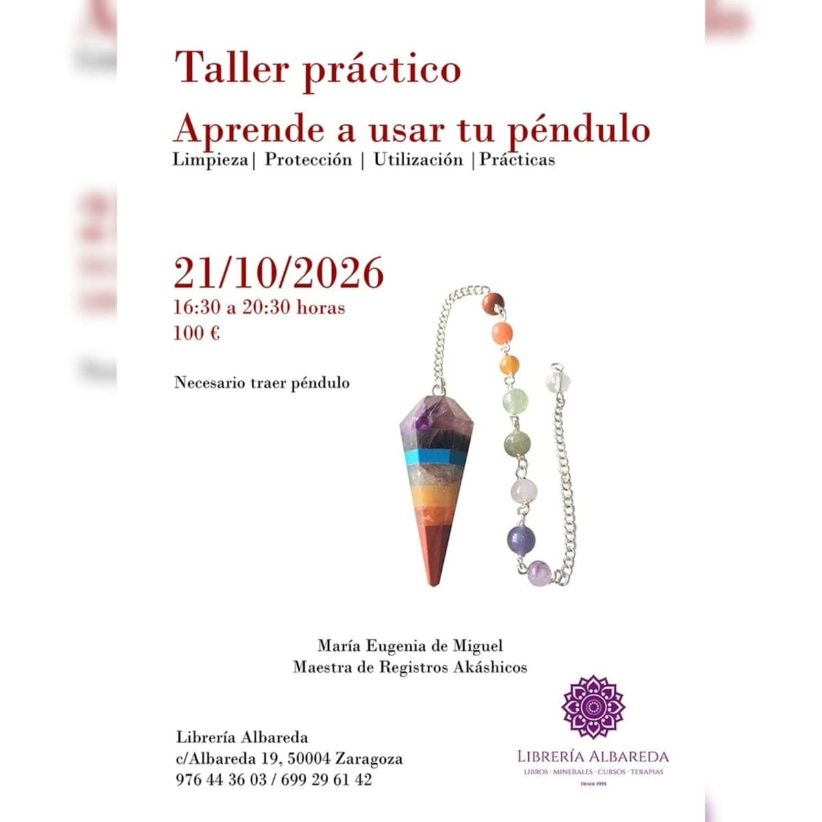 Cartel de Taller práctico: aprende a usar tu péndulo, con María Eugenia de Miguel