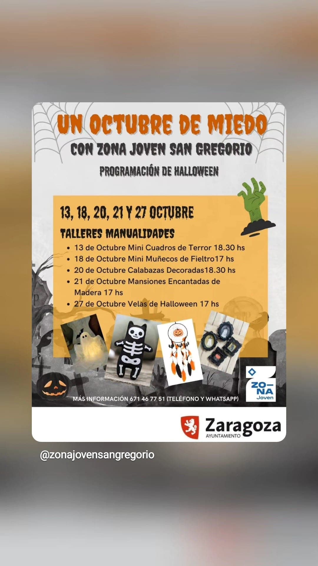 Cartel de Talleres de Halloween en la Zona Joven San Gregorio: calabazas decoradas