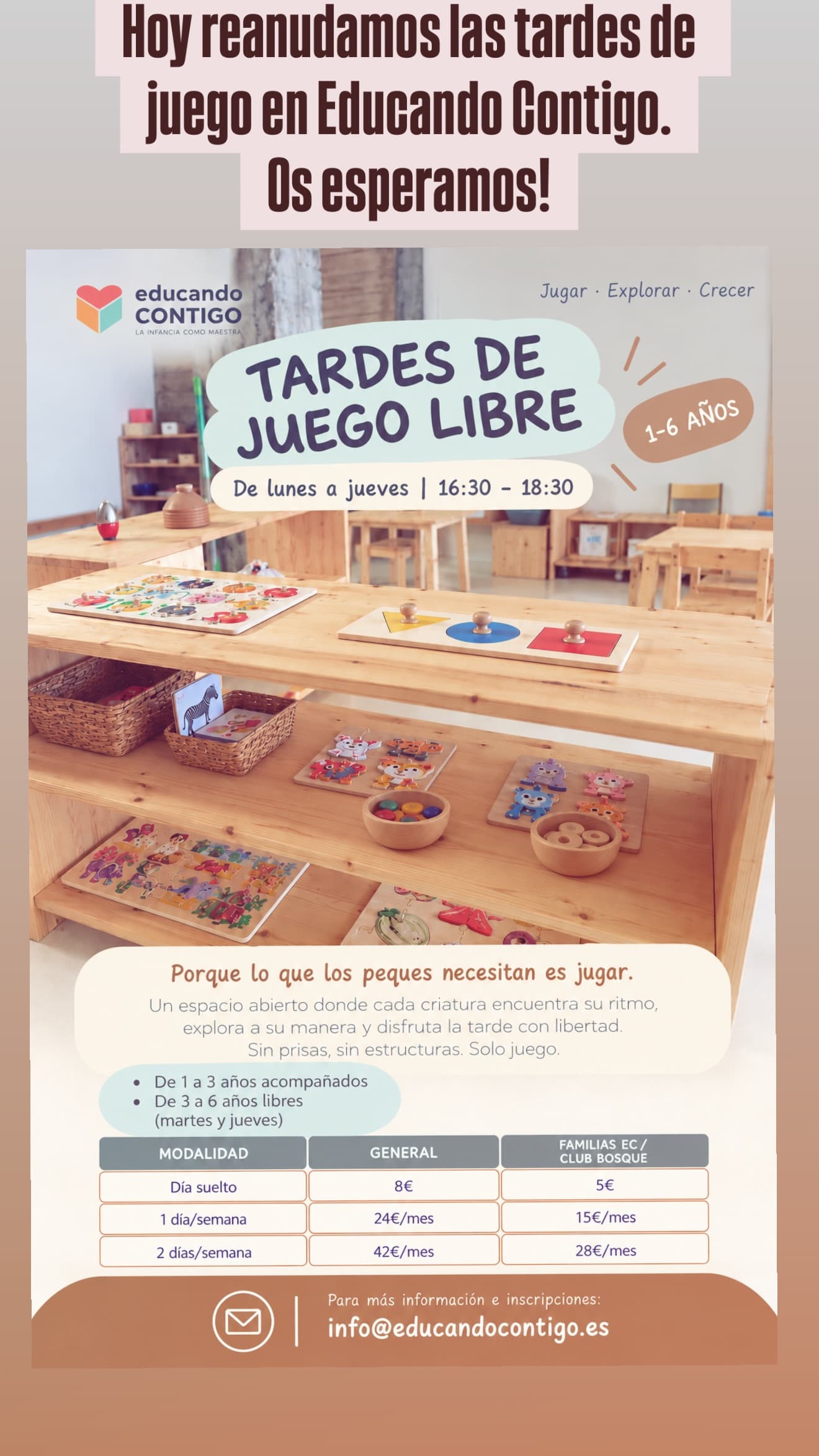 Cartel de Tardes de juego libre en Educando Contigo