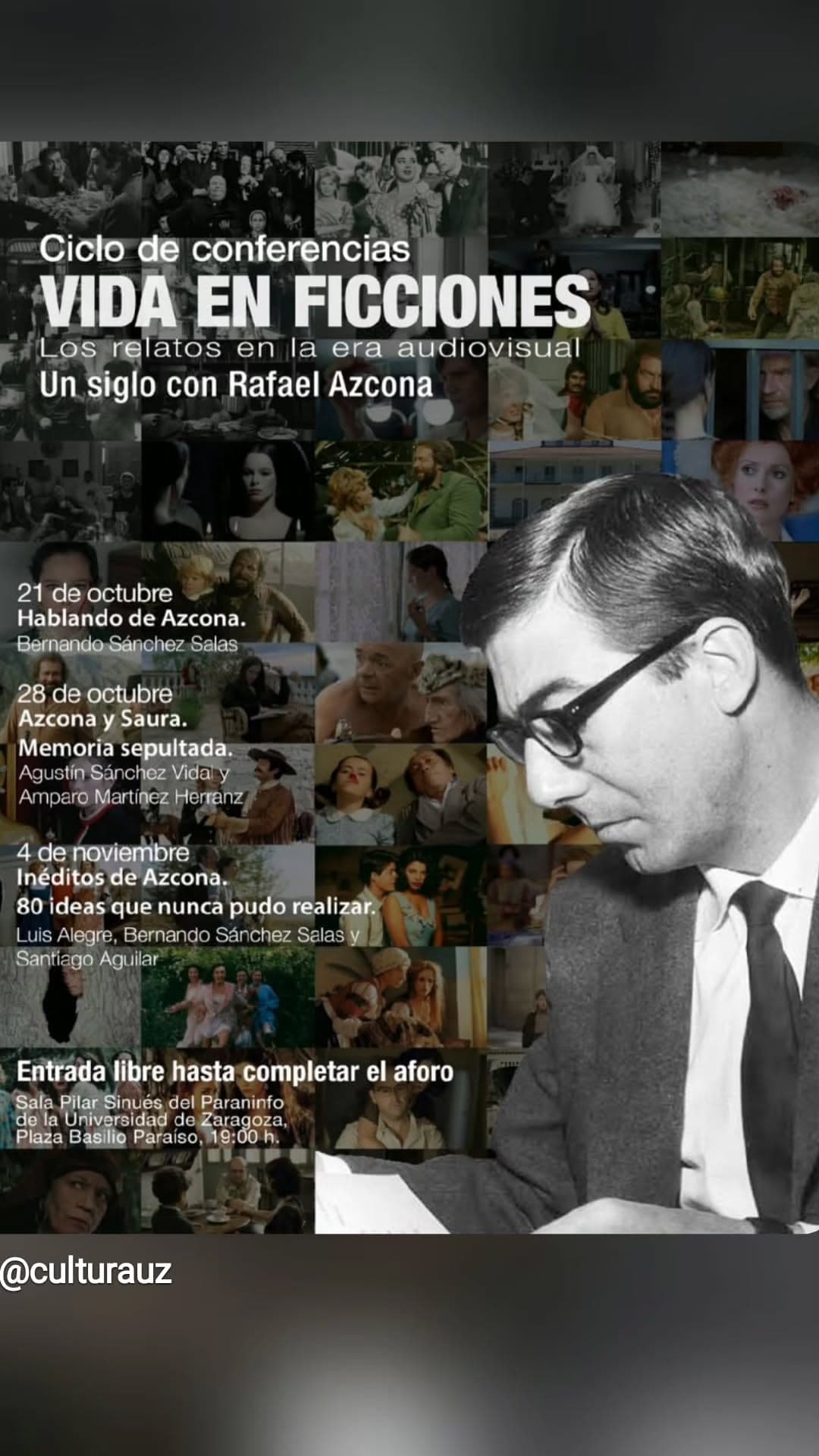 Cartel de Vida en ficciones: «Azcona y Saura. Memoria sepultada», con Agustín Sánchez Vidal y Amparo Martínez Herranz