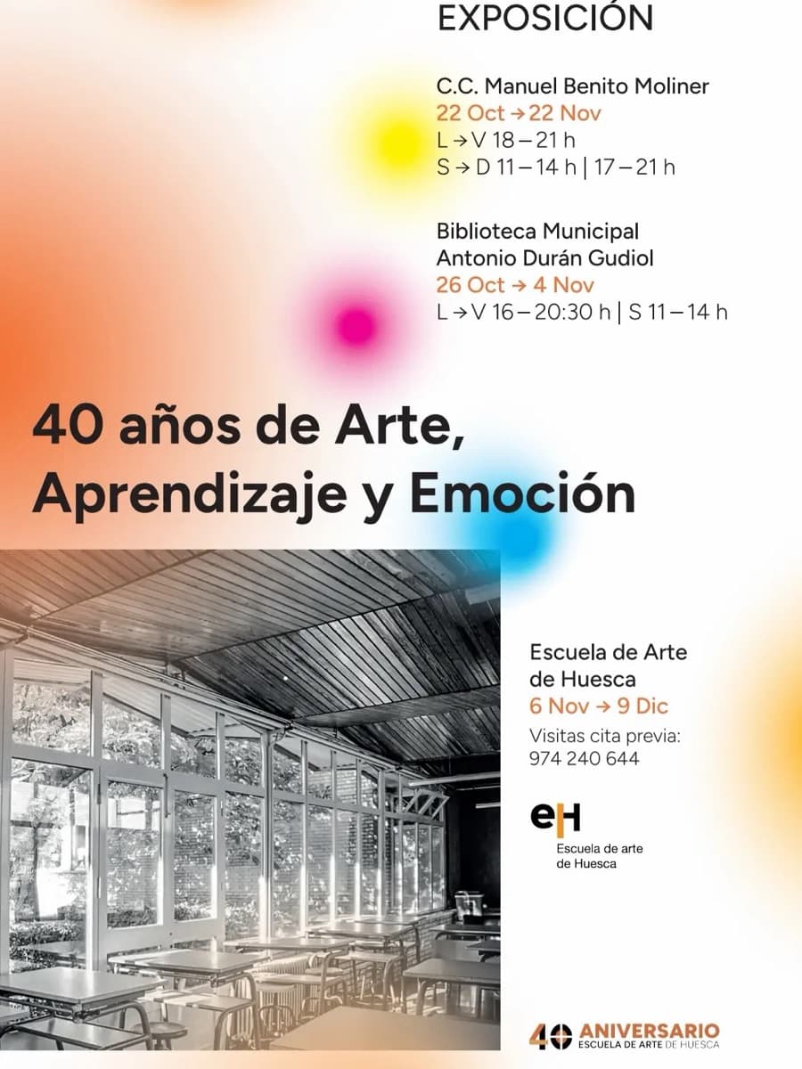 Cartel de «40 años de Arte, Aprendizaje y Emoción»: exposición en la Escuela de Arte de Huesca