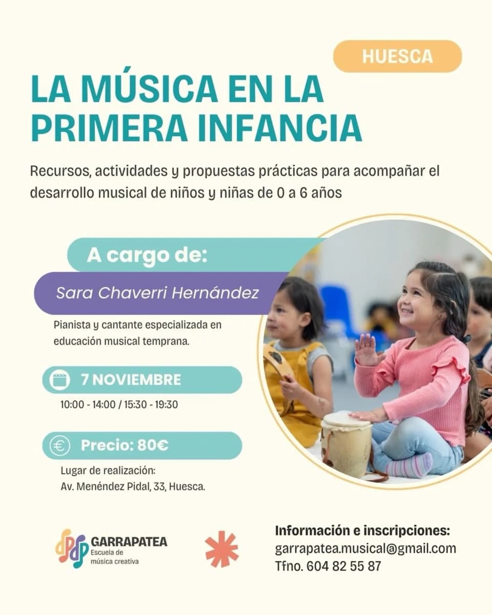 Cartel de «La música en la primera infancia», formación práctica con Sara Chaverri