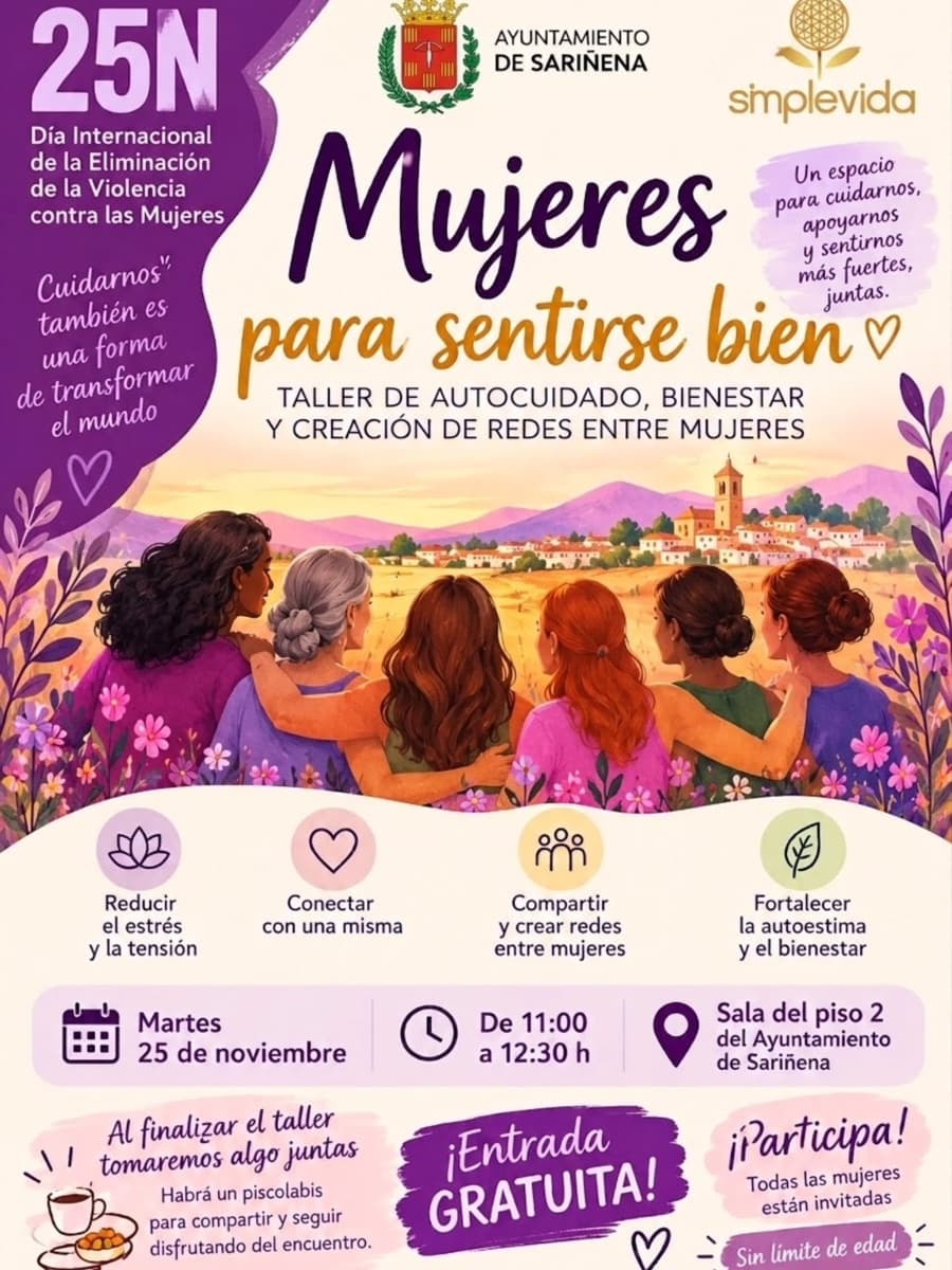 Cartel de «Mujeres para sentirse bien»: taller de autocuidado y bienestar en Sariñena