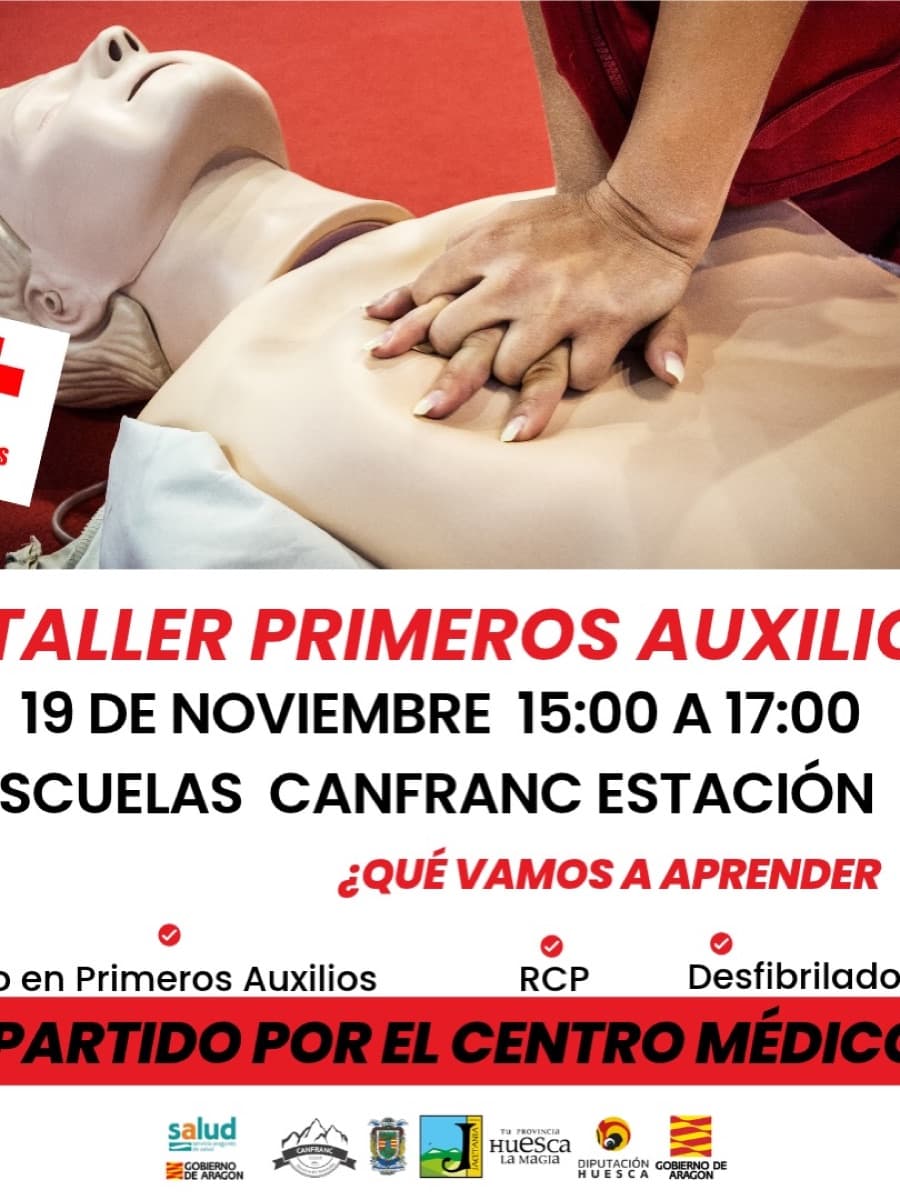 Cartel de Taller de primeros auxilios en Canfranc Estación