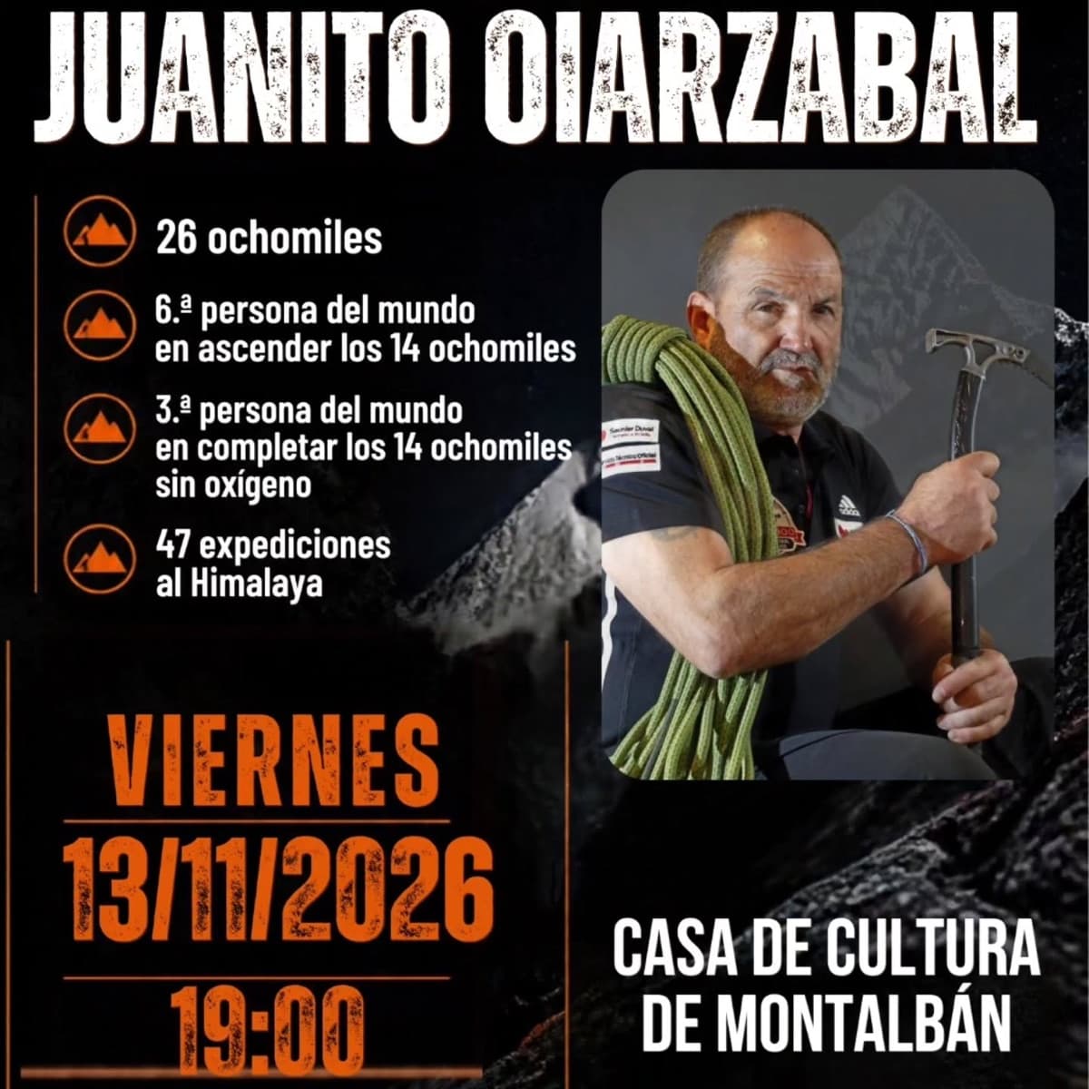 Cartel de Charla de Juanito Oiarzabal en Montalbán