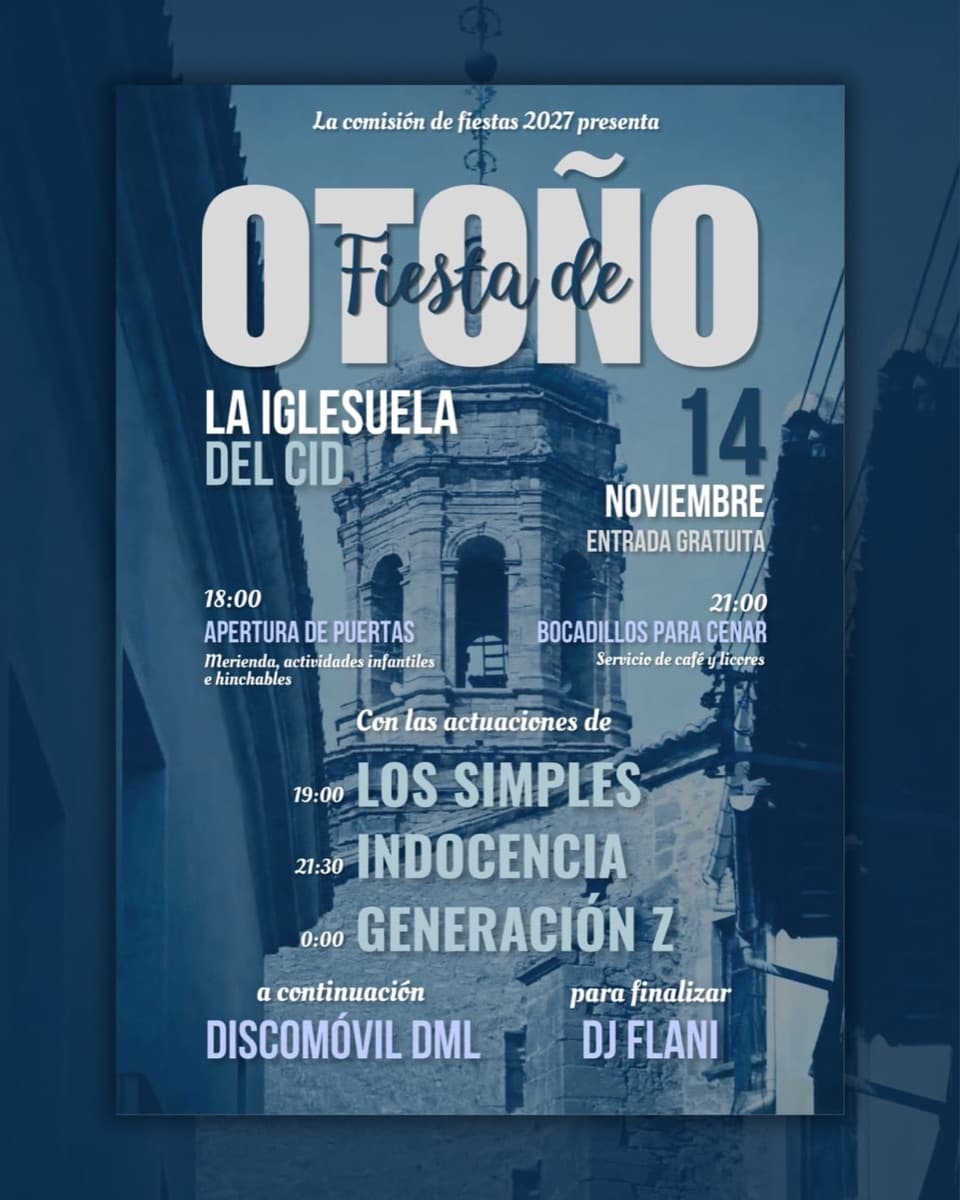 Cartel de Fiesta de Otoño en La Iglesuela del Cid, con Los Simples, Indocencia y Generación Z